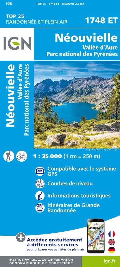 Carte de randonnée TOP 25 - 1748ET - Néouvielle / Vallée D'aure / Pn Des Pyrénées - 1/25 000